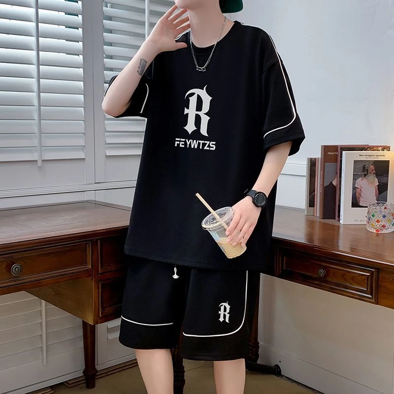 特大码300斤宽松显瘦休闲套装男士夏季冰丝薄款短袖短裤百搭一套