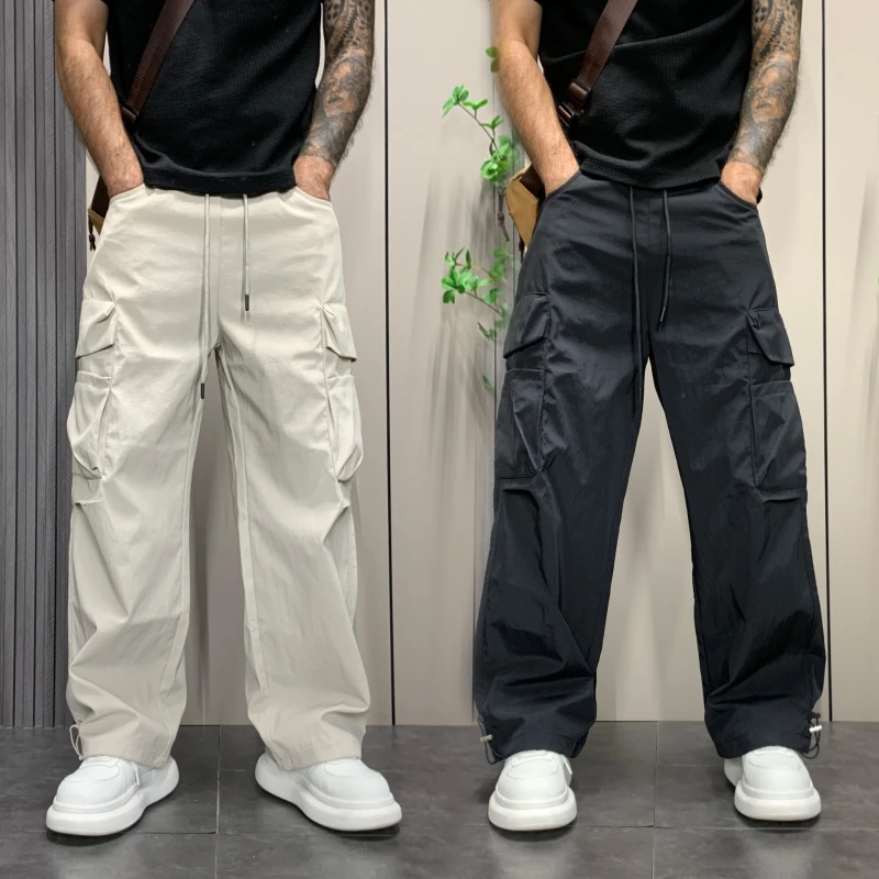 休闲裤男秋季宽松常规阔腿裤日系简约多口袋纯色百搭直筒工装裤潮