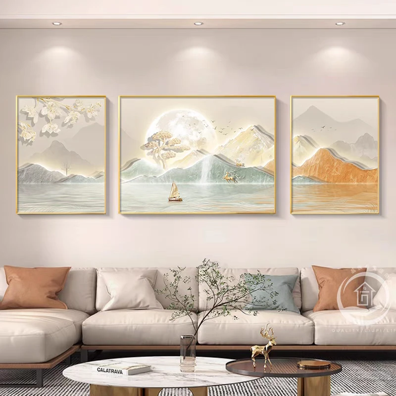 客厅装饰画沙发背景墙壁画现代简约三联画2025新款装饰画晶瓷挂画
