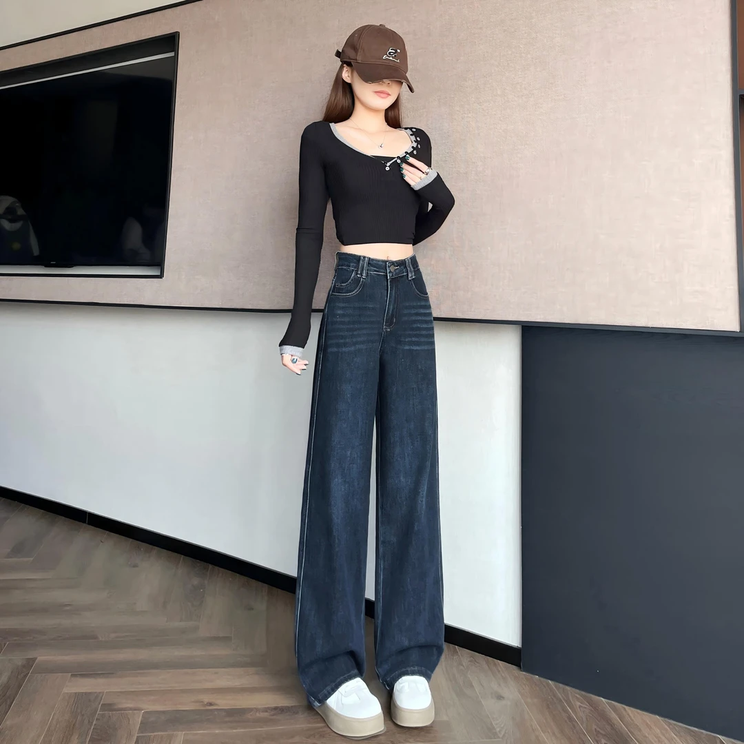 窄版阔腿牛仔裤女秋季2025新款高腰显高显瘦复古垂感直筒裤子