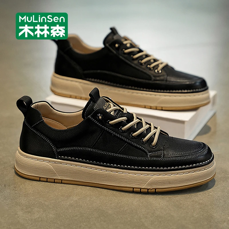 木林森男鞋2025春秋季新款英伦黑色皮鞋男款运动软底防滑休闲板鞋