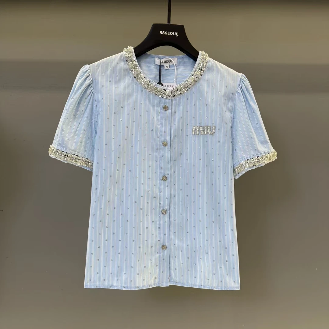 法式重工高级感时尚条纹短袖上衣女夏季独特超好看漂亮衬衫C9535