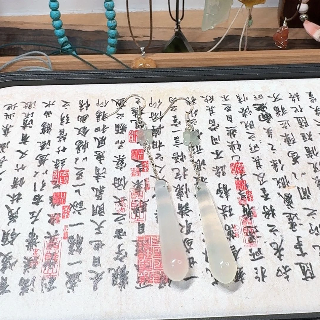 蛇纹石玉银S925镶嵌耳坠