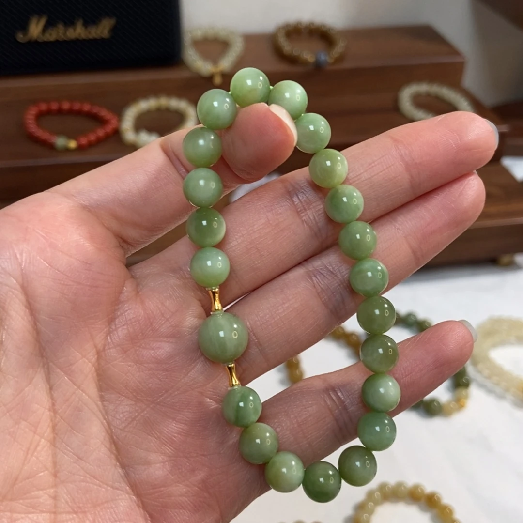 和田玉18K金镶嵌手链8mm黑阳洞碧玉