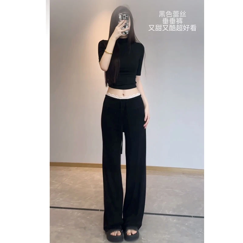 早秋辣妹 花边蕾丝垂垂裤 宽松直筒高腰休闲裤 177