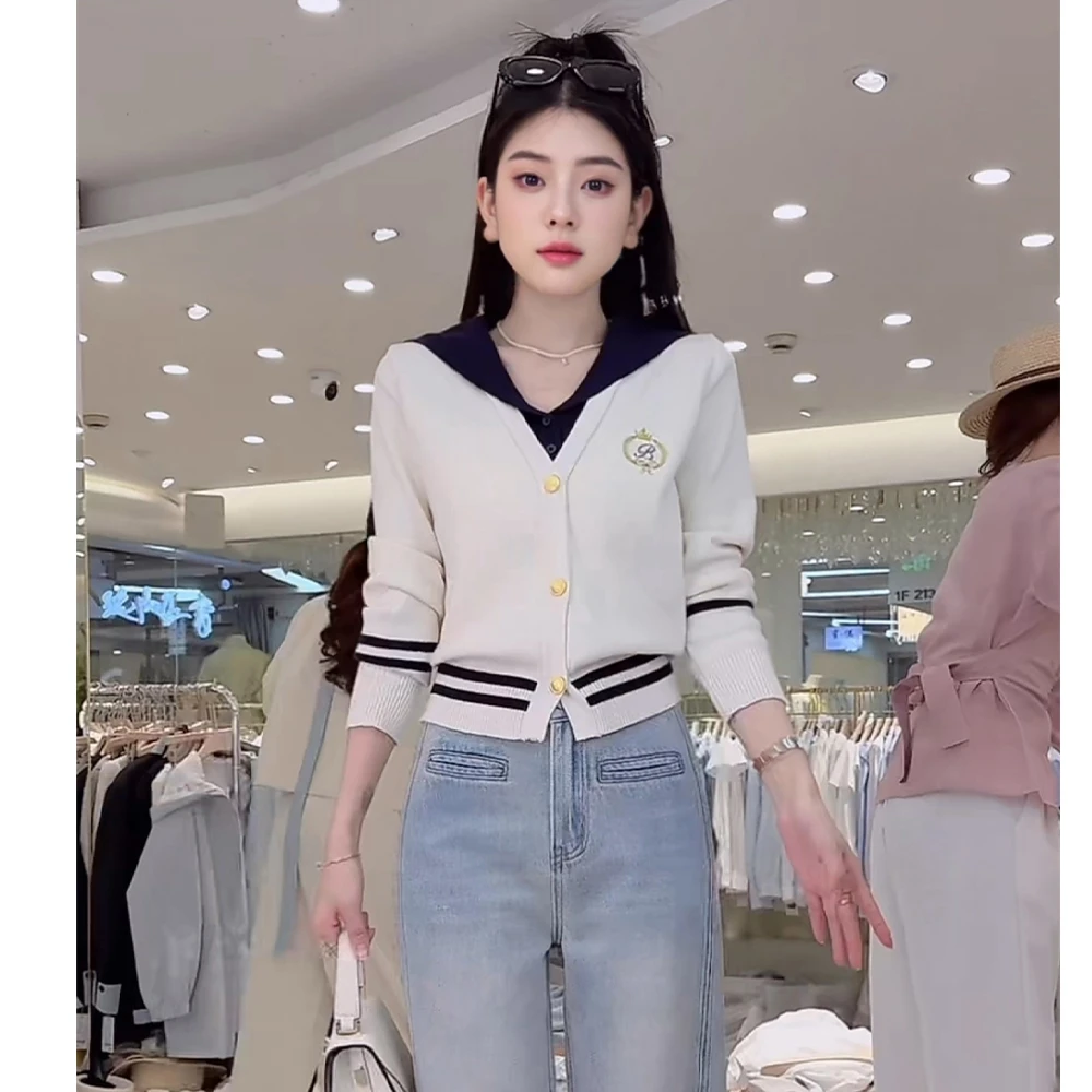 气质学院风针织开衫上衣女小香风百搭海军领披肩长袖薄款毛衣6001