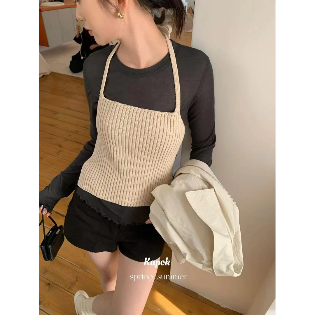 【No退No换】25023#KAPOK#韩系袖口下摆木耳边软糯面膜长袖T(福利)