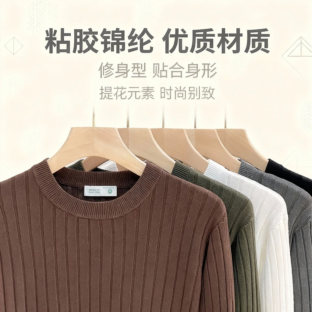 纯色内搭圆领毛衣男秋冬修身坑条提花针织打底衫男装长袖套头毛衫