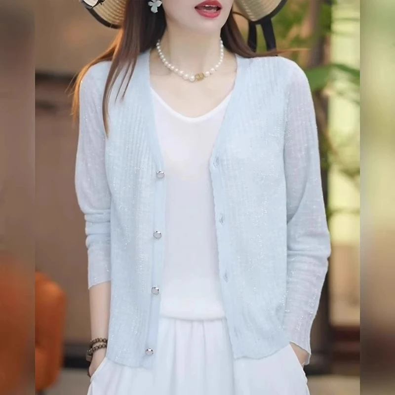 蓝色V领针织开衫薄款防晒衣女2025年夏季新款空调衫休闲百搭上衣