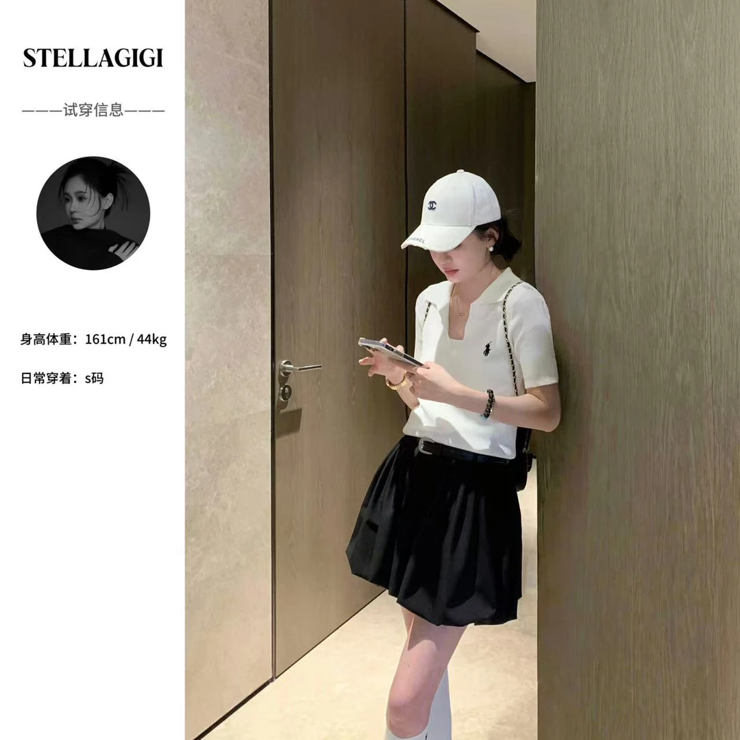 SG / 郭幂幂 SS 简单出街 小马刺绣Polo领短袖针织衫T-20250083
