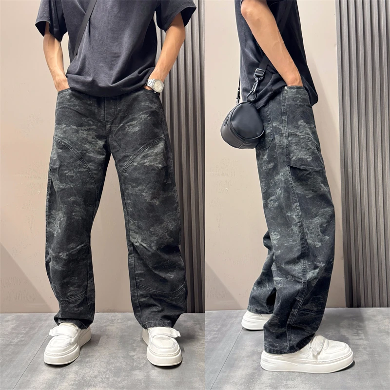 2025秋季新款长裤美式潮流设计感阔腿男士高街百搭迷彩弯刀牛仔裤
