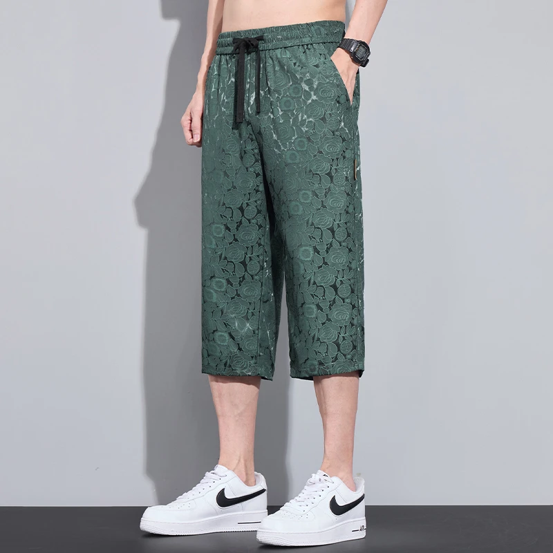 夏季轻薄提花冰丝男士七分裤2025时尚个性休闲短裤百搭透气速干