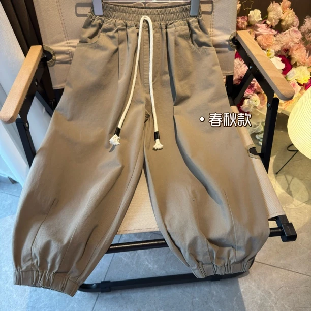 现货清！男童春夏卡其色宽松九分裤拼接休闲裤工装裤宝宝束脚裤