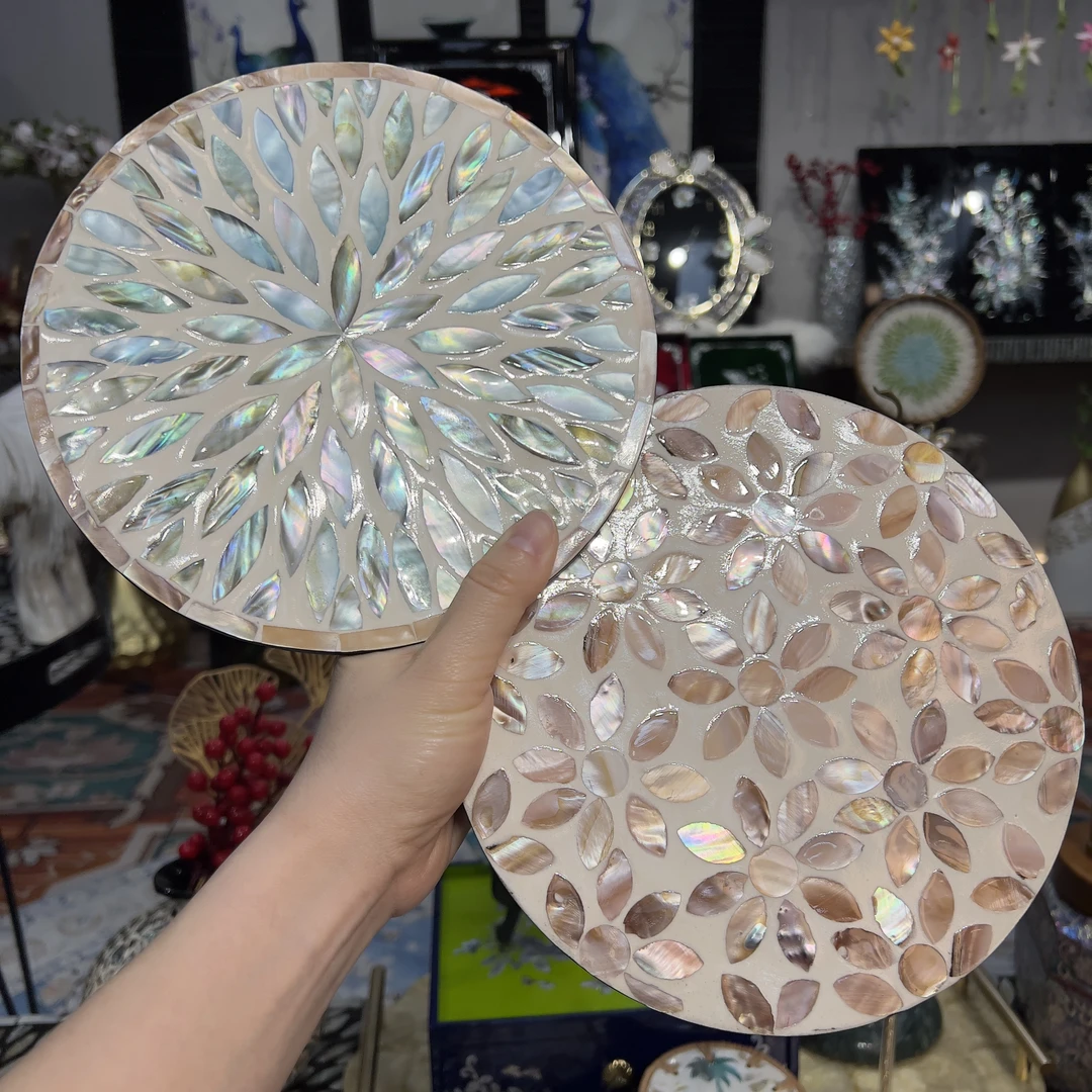 KA-【水蓝调+紫色太阳花】天然贝壳镶嵌锅垫杯垫隔热垫摆件一对2片