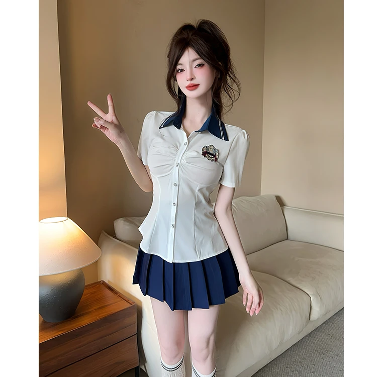 纯欲学院风修身收褶白色衬衫jk制服套装女前台职业装工作服两件套