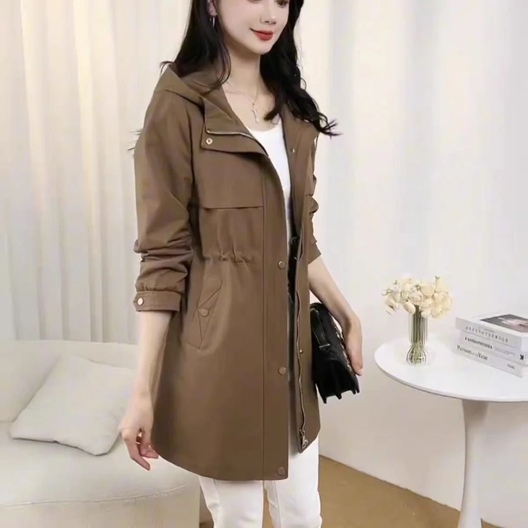 17012女士中长款双面穿连帽风衣春秋新款时尚休闲宽松外套AF6129