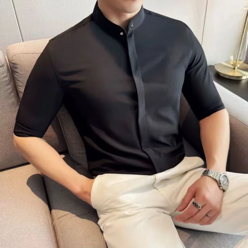 痞帅夏季新中式立领五分袖衬衫男士2025新款韩版休闲纯色中袖衬衣