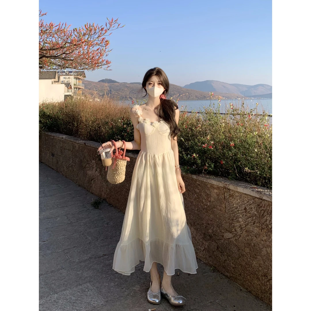 法式初恋超仙立体花朵吊带裙纯欲风收腰显瘦连衣裙礼服气质长裙夏