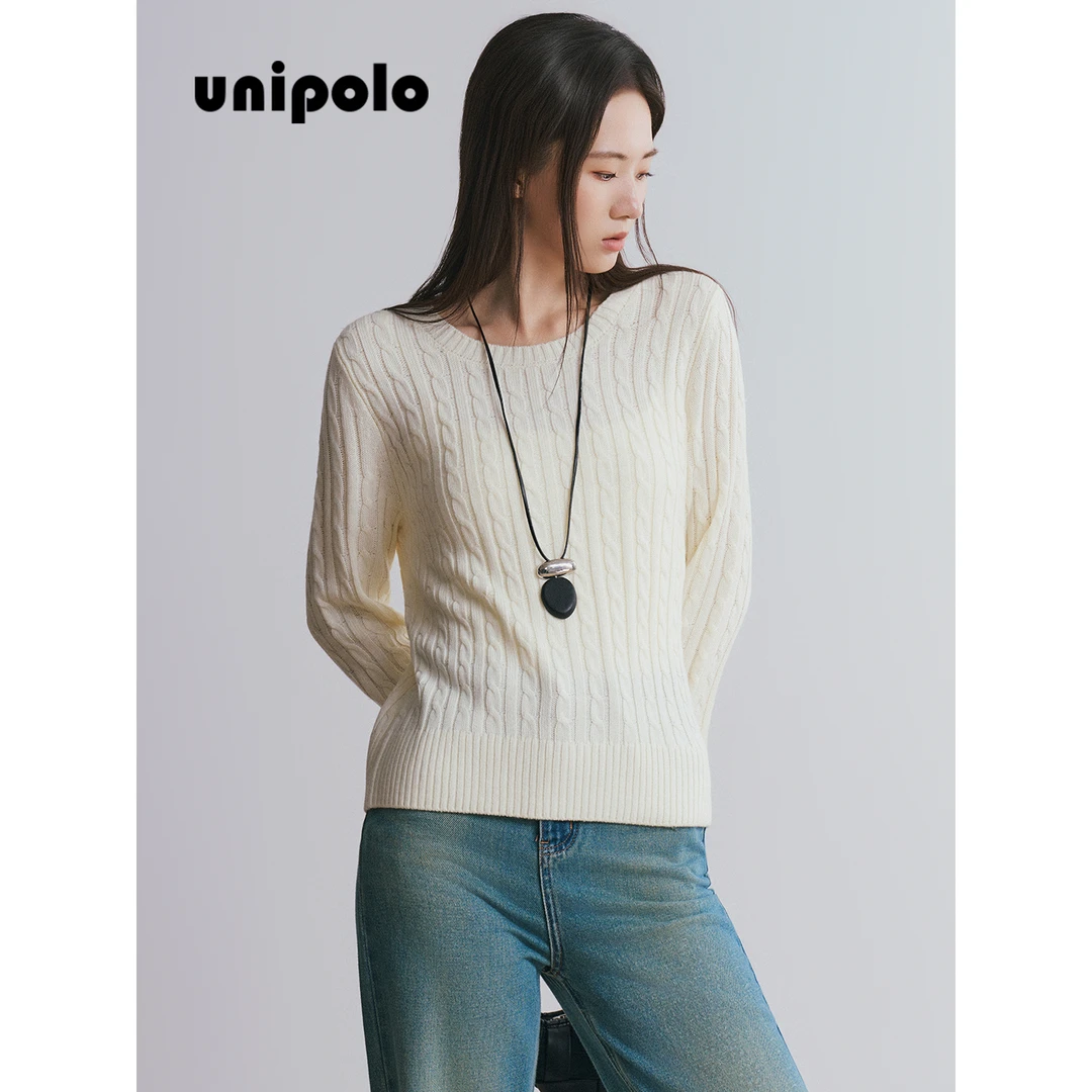 UNIPOLO 拉夫款美利奴羊毛混纺粗针“微宽松”版立体绞花圆领毛衣