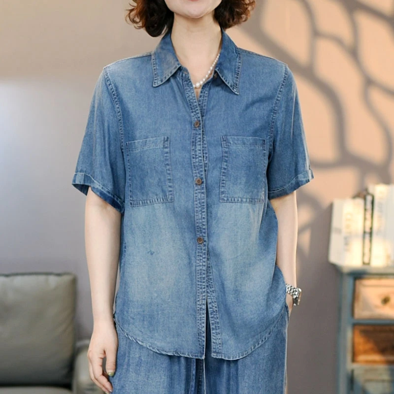 520蓝/黑夏季新品天丝牛仔衬衫女2025显瘦休闲时尚透气上衣外套