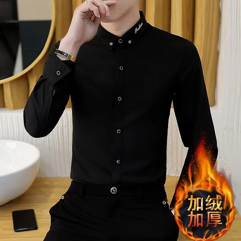 2025冬季男士修身刺绣休闲男款加绒加厚保暖黑色衬衫长袖商务衬衣