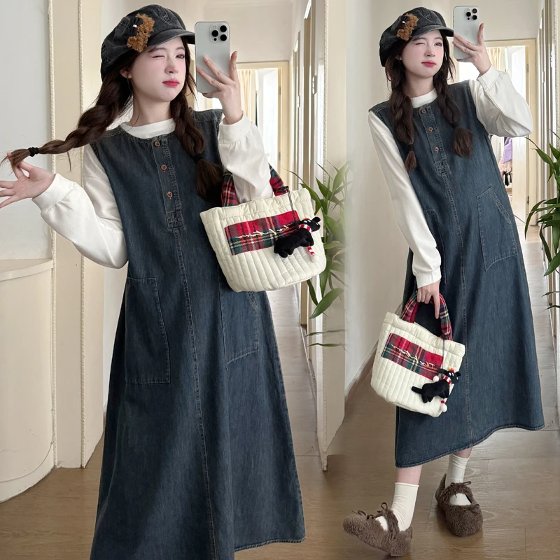 【kiki严选】孕妇装连衣裙春季韩系复古牛仔减龄连衣裙洋气显瘦套装
