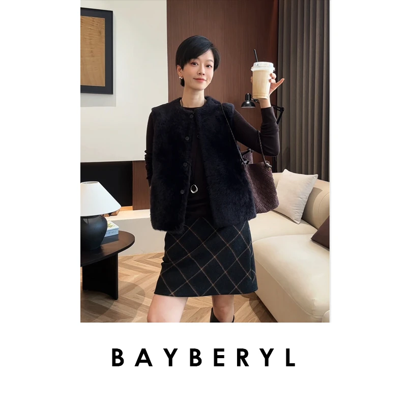 BAYBERYL老贝乌紫马甲直毛拉贡圆领单排扣无袖一体9PY5I1145-9/17