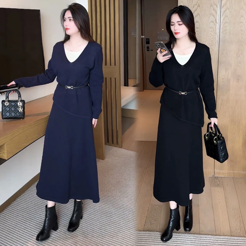 时尚针织套装裙女2025秋季新款时髦洋气假两件上衣半身裙两件套裙