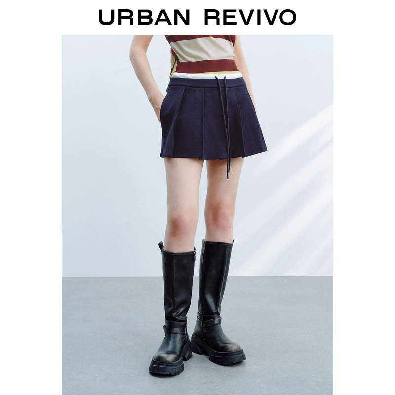 UR2025秋季新款女装学院风抽绳双腰头百褶短裤UYY650064