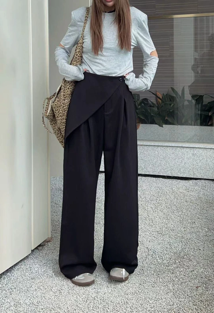高腰显瘦垂感西裤通勤百搭不规则设计感阔腿裤女