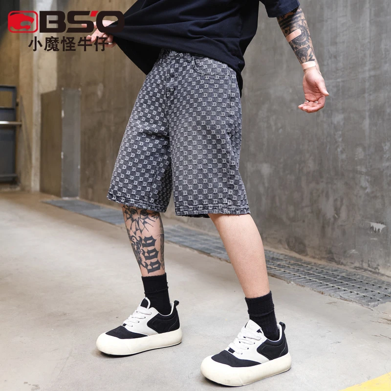 小魔怪美式高街字母提花牛仔短裤男士百搭宽松直筒五分裤夏季中裤