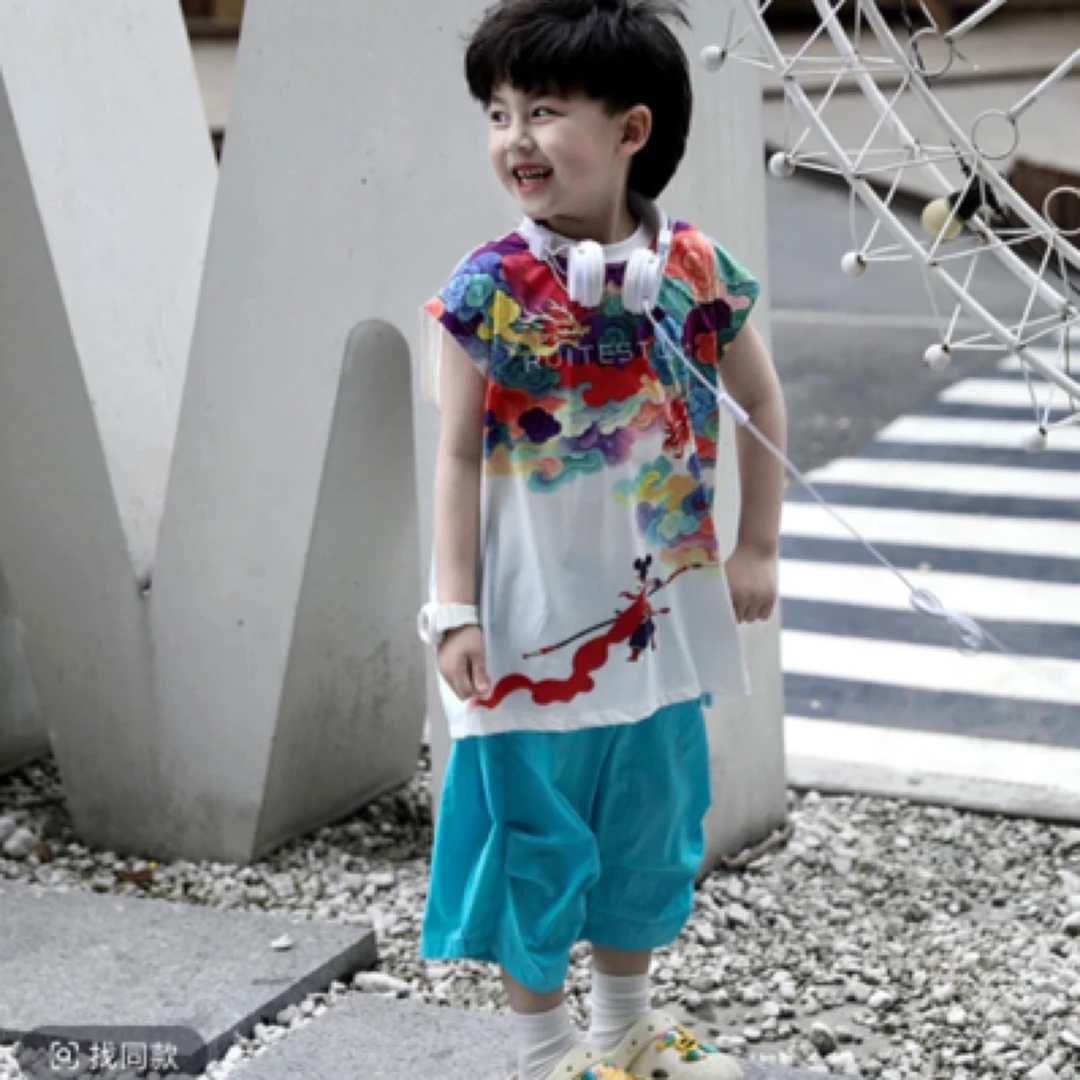 卡通夏季男童套装七彩祥云儿童轻薄透气哪吒印花无袖背心裤子套装