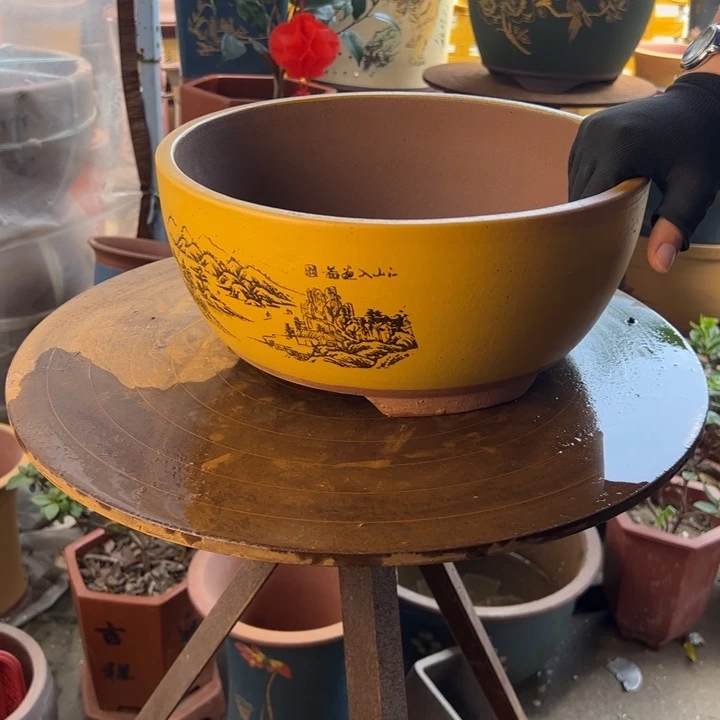 宜兴紫砂花盆黄色江山如画大