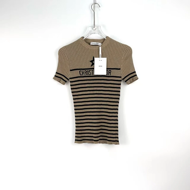 全新未使用 DIOR/迪奥 Logo字母印花条纹圆领套头短袖 女款 棕色