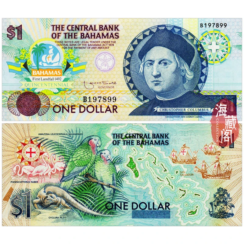 全新UNC 巴哈马1元1992年纪念钞哥伦布发现美洲500周年外币保真