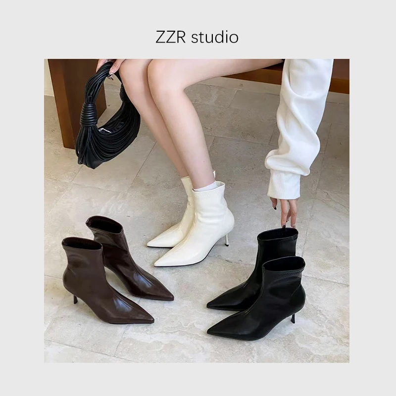 ZZR气质尖头百搭细跟短靴女新款时尚复古瘦瘦靴舒适网红靴子