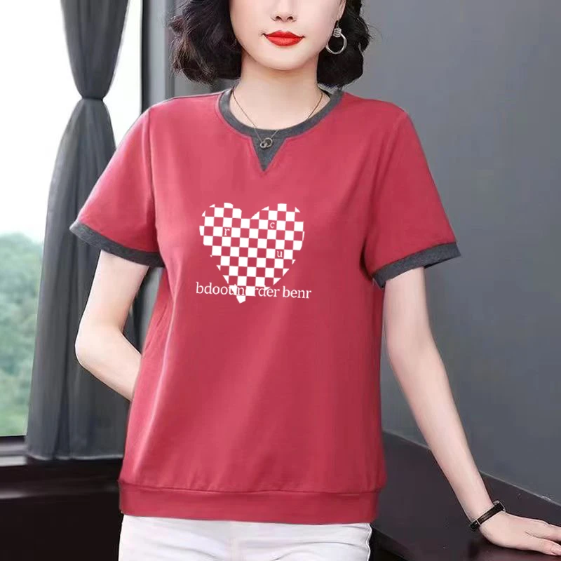 纯棉圆领拼接短袖T恤女夏季2025新款洋气减龄宽松上衣百搭打底衫
