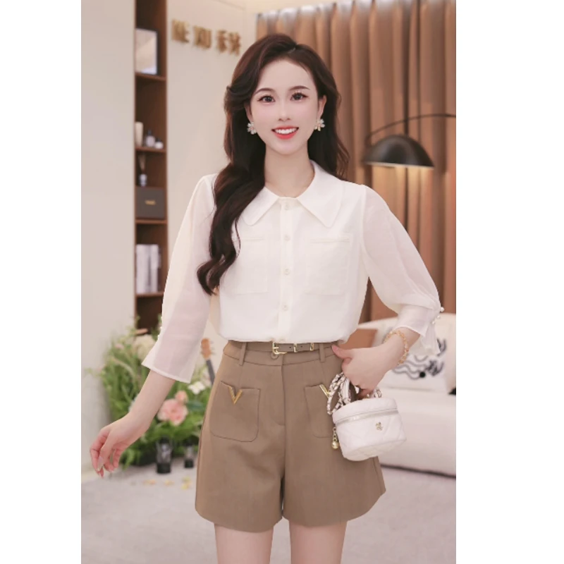 法式气质翻领七分袖衬衫女2025夏季新款设计感小众百搭显瘦上衣