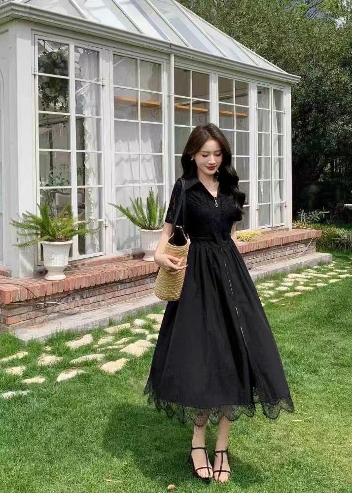 * 丽影 *夏装新款* 通花袖中拉链V领连衣裙 * 时尚欧版轻奢连裙