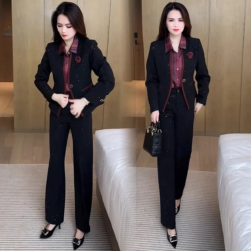 时尚套装女2025春季新款洋气收腰西服外套衬衫阔腿裤三件套减龄
