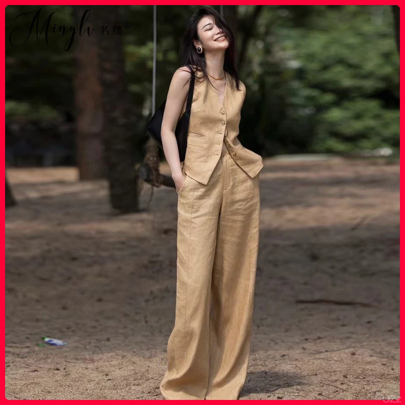 名缕高级感气质简约通勤时尚套装2025秋季高端马甲阔腿裤两件套