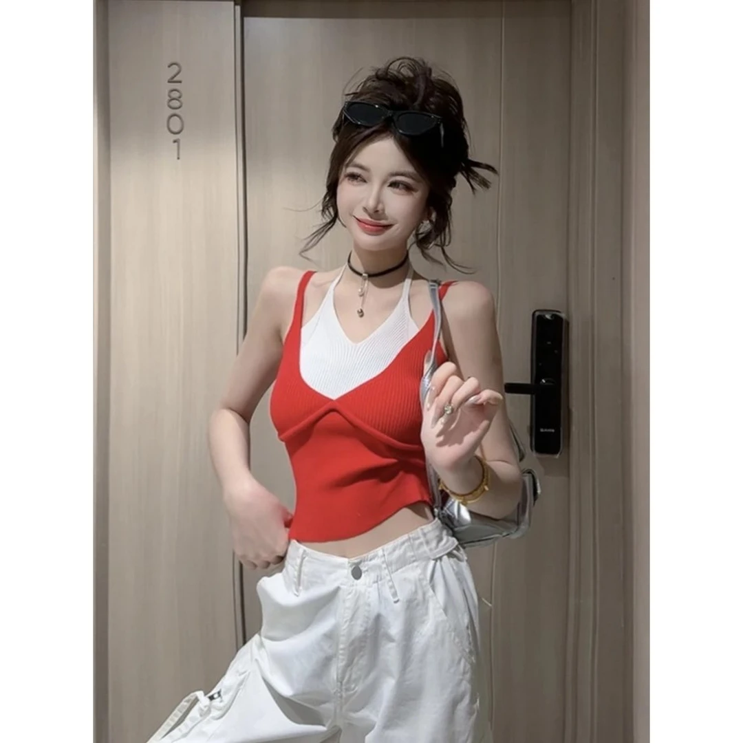 2025夏季新款纯欲风撞色假两件针织吊带背心女设计感小众短款上衣