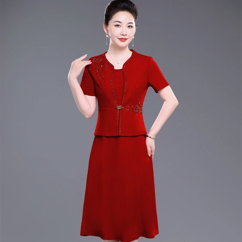 夏季女办婚礼结婚妈妈装喜婆婆高贵红色婚宴礼服两件套婚礼套装裙