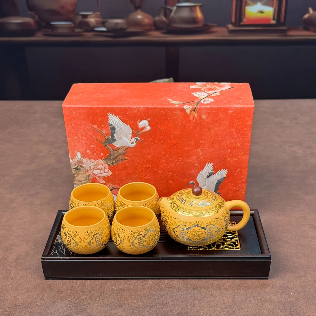 茶具黄金段泥敦煌凤鸣西施壶+4杯+盘-2978