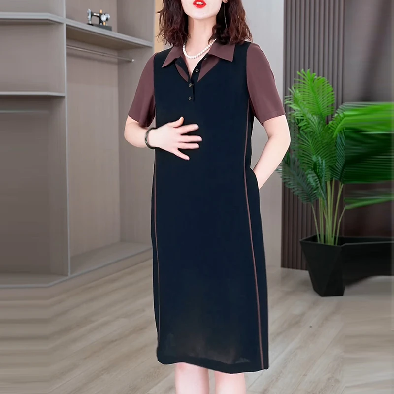 假两件拼接连衣裙凉爽女夏季2025新款简约翻领气质宽松显瘦连衣裙