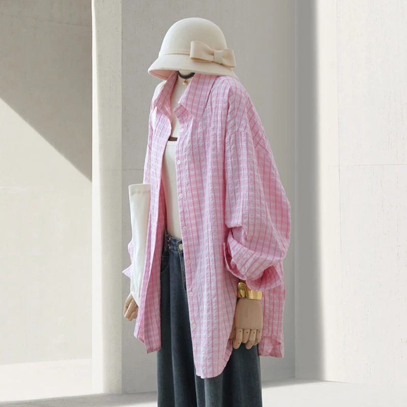 新款粉色格子薄款防晒衬衫女韩系通勤气质宽松显瘦衬衣长袖休闲
