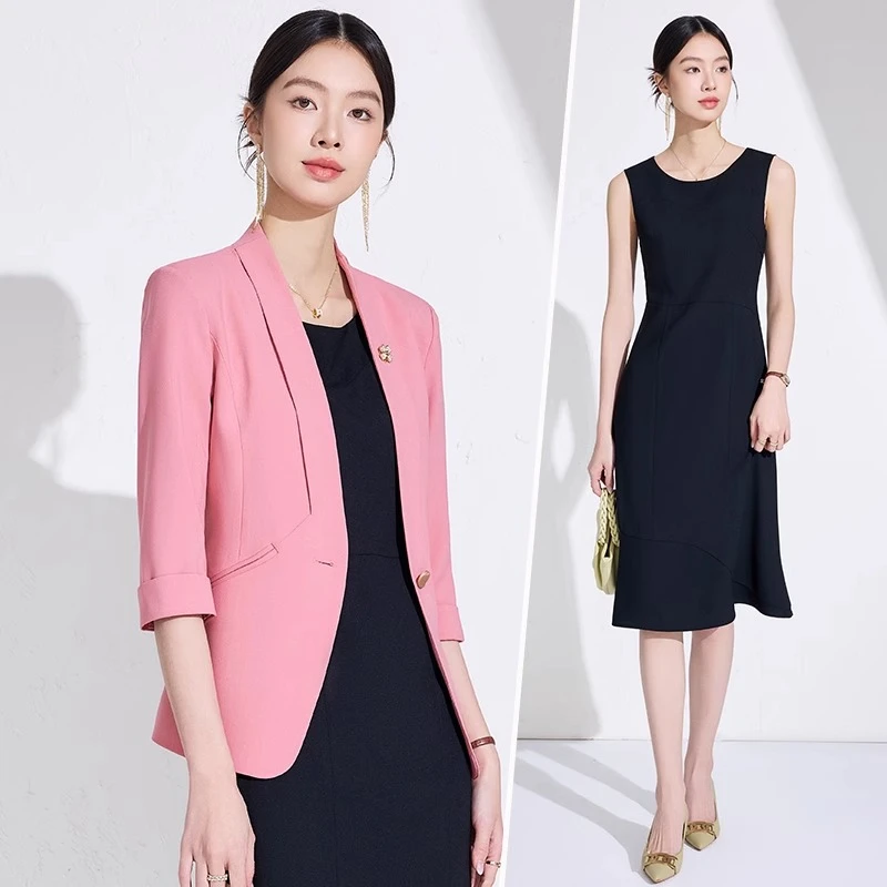 粉色小西装外套女夏季薄主持人新款高级感中袖西服连衣裙职业套装