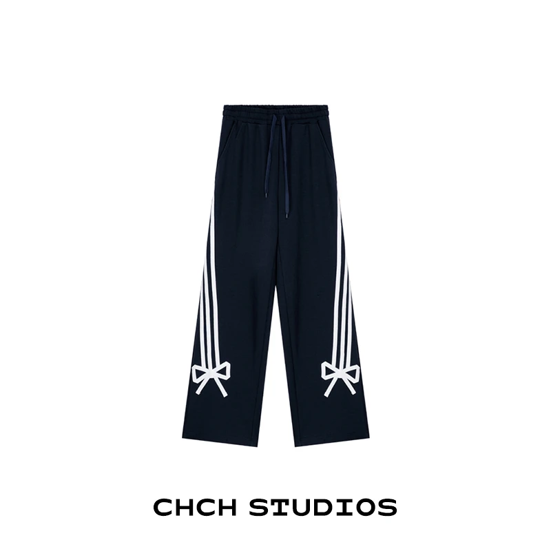 RAQCK42842蝴蝶结贴条运动长裤款美式宽松中高腰直筒休闲阔腿裤