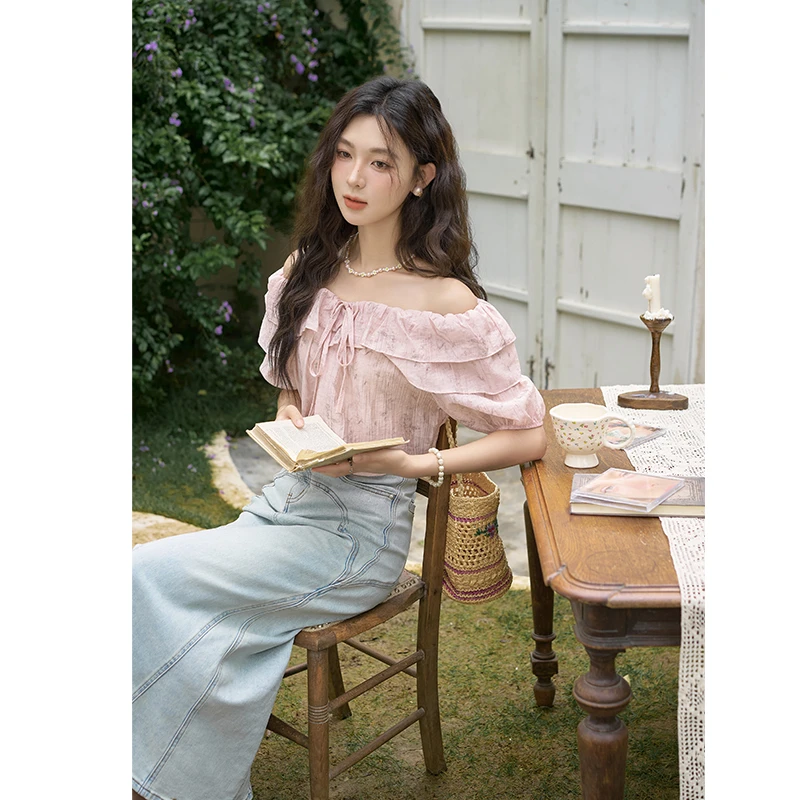 【粉丝专享】谜秀法式复古碎花短袖衬衫设计感一字肩上衣MXD25X1520