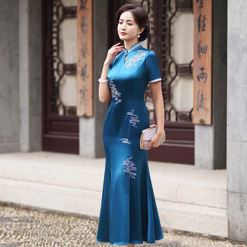喜婆婆喜妈妈婚宴装夏装大码复古中式高端旗袍女款2025新款鱼尾裙